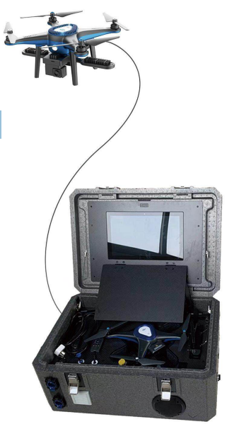 Sistema portátil de dron con cable para iluminación, video y transmisión integrados